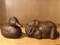 RED MILL DUCK AND ELEPHANT FIGURINES. DUCK IS