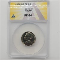 1938 JEFFERSON NICKEL 5C PF 64 ANACS