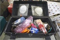 BLACK PLASTIC TOOL BOX WITH CONTENTS