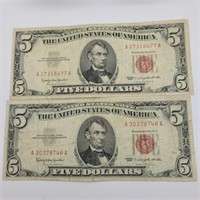 2- 1963 $5 US NOTES BILLS