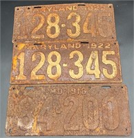 3 Antique Md License Plates
