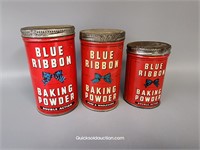 3 Blue Ribbon Baking Powder Tins