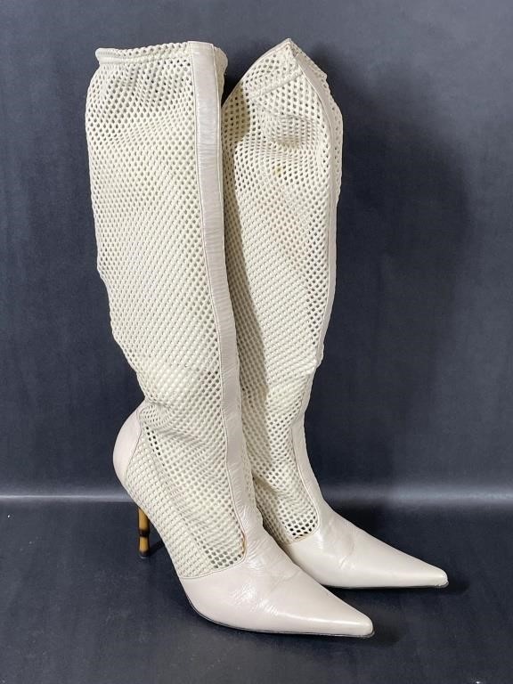 Casadei Mesh Cream Heeled Boot