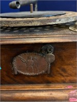 Edwardian Oak Gramophone with Painted Horn (65 cm