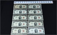 (10) 1953 Red Seal $2.00 Notes (Normal Size)