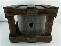 Old Galvanized Oil Drum in Wood Crate