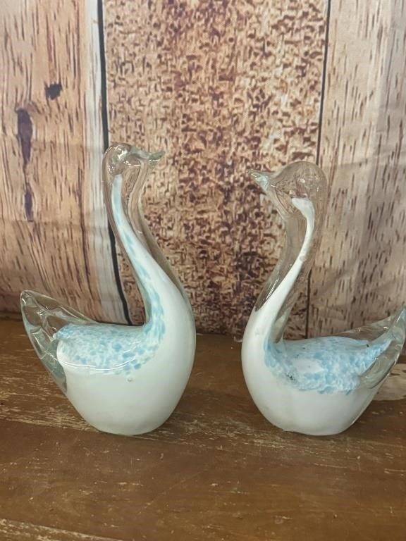 S/2 Art Glass Swan Paperweights