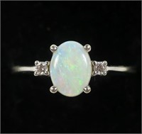 14K White gold oval cabochon opal ring with two