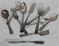 SILVER BUTTER KNIFE & 10 SILVER PLATE FORKS &