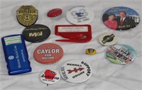 13 TOTAL ITEMS:  PIN BACK BUTTONS, BAND AID HOLDER