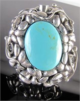 Floral and Vine Ornate Sterling Turquoise Brooch