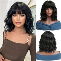 Esmee Bangs, Short Black Bob Wigs for Women, Wavy