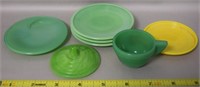 (7) Vtg Akro Agate Jadeite + Yellow Child Dishes