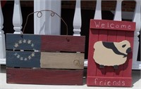 Rustic Wood Welcome Friends w/ Sheep & Flag Signs