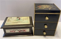 2 trinket boxes 
Black 3 drawer with fold up
