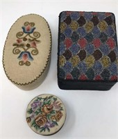 Lot of 3 Needlepoint and Bead Jewelry Boxes
