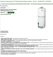 American Standard 75 Gallon Hotwater Tank