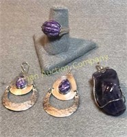 Sterling & Charoite Ring, Large Pendant & Earrings