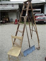 STEP LADDER, COUNTRY CHAIR, HOE, MORE
