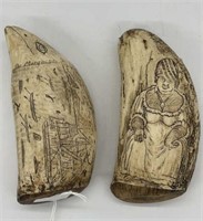 (2) Faux Carved Resin Scrimshaw Whales Teeth