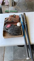 T ball and baseball gloves and bats