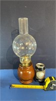 16in oil lamp. Wood base. Very good condition