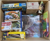 Box lot of trains (H.O.), dinosIrs, other misc.