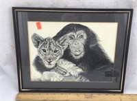 Framed Chimpanzee and Lion Cub Art