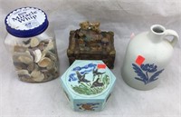 Tiny Stoneware Jug, Bird Box, Bear Box, Shells