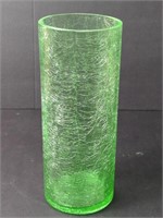 Vtg Green 8" Crackle Glass Cylinder Vase