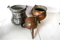 Copper Funnel, Brass Pot, Etc