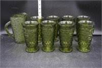 Green Glass Pitcher & Drinking Glass Set