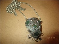 Snuff Compact Necklace w/ Green Stones