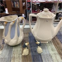 Ironstone Goose Tea Pot and 2 Goose Figures