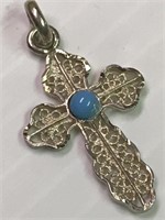 Sterling Silver Cross Pendant  925 w/turquoise