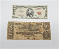 1864 CONFEDERATE $10 NOTE and RED SEAL $5