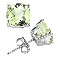 10MM Cushion Cut Green Amethyst 8CTW Stud Earrings