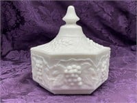 IMPERIAL MILK GLASS GRAPE LEAF PANELED CANDY DISH