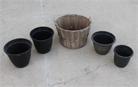 Assorted Plastic Flower Pots, Bushel Basket