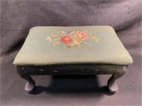 Antique Needlepoint Footstool Green Fabric Wooden