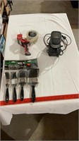 Tape gun, paint brushes nib, works battery and