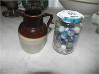 Small Pottery Pitcher, Small Jar of Marbles