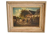 19th Century Oil of Musicians, Cows & Wagon Street