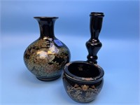 Asian Vase, Jar, and Black Glass Candleholder