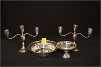 4pc Sterling Kirk & Son 9" bowl, candelabras,