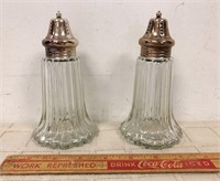 LARGE  GLASS & SILVER SALT / PEPPER SHAKERS