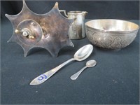 STERLING BOWL, PITCHER, 2 SPOONS, CAKE STAND