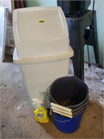 Trash can, cleaning supplies, buckets