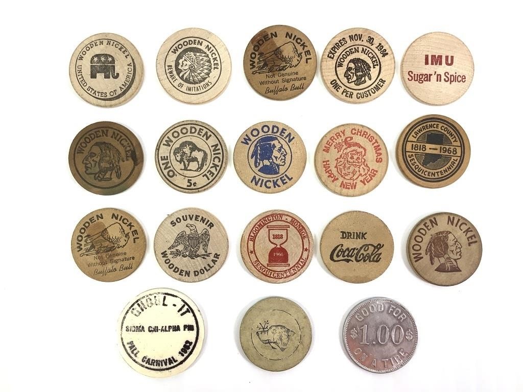 17 Wooden Advertising & Other Tokens Nickels