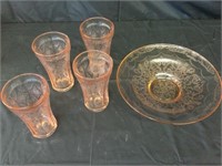 Etched Pink Depression Glass, Glasses & Bowl
